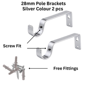 Set of metal curtain pole brackets in black, white, silver, gold, copper and antique brass on a white background