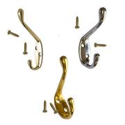 Hat & Coat Hooks Double Heavy Duty Polished Chrome Brass Gold Metal Door & Wall Hanger for Robe Dress Towel Stylish Home Office Hook