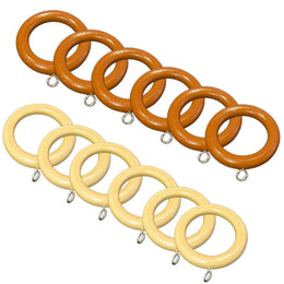 12 x 35mm Diameter Natural Wooden Warm Oak Curtain Pole Rings Hooks with Eyes x 12 Brand New