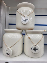Ceramic Tea Coffee Sugar Canister Set Kitchen Storage Jars with Hanging Labels