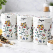 Ceramic Tea, Coffee & Sugar Canisters Floral Kitchen Storage Jars Set 3 Pieces Set
