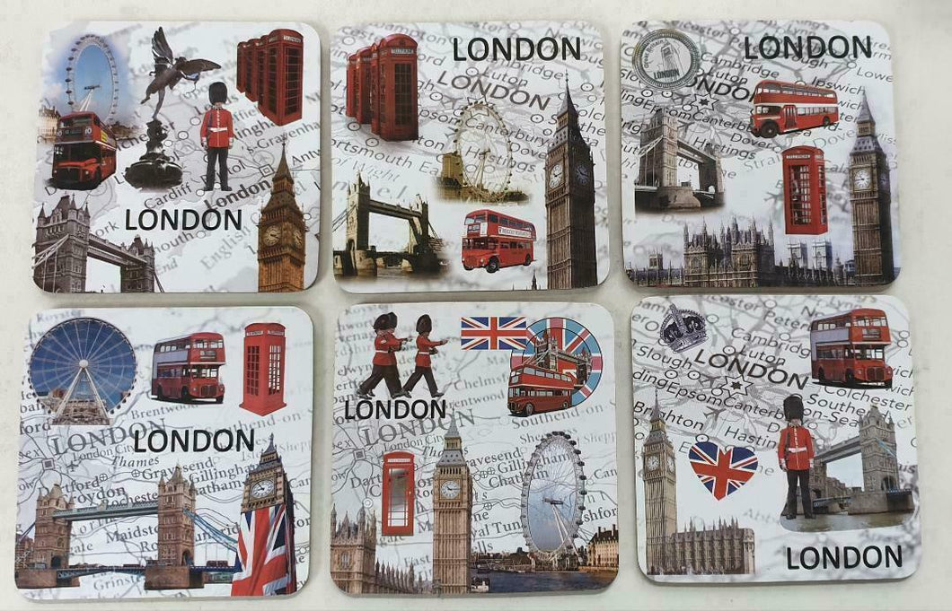 London UK icon souvenir tea coffee table 6 coasters Big Ben Red Bus London Eye