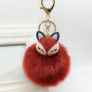 Fox Key Chain Lucky Charm with Pearl & Rhinestone Pompom Fashion Accessory gift