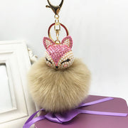 Fox Key Chain Lucky Charm with Pearl & Rhinestone Pompom Fashion Accessory gift