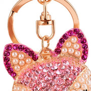 Fox Key Chain Lucky Charm with Pearl & Rhinestone Pompom Fashion Accessory gift
